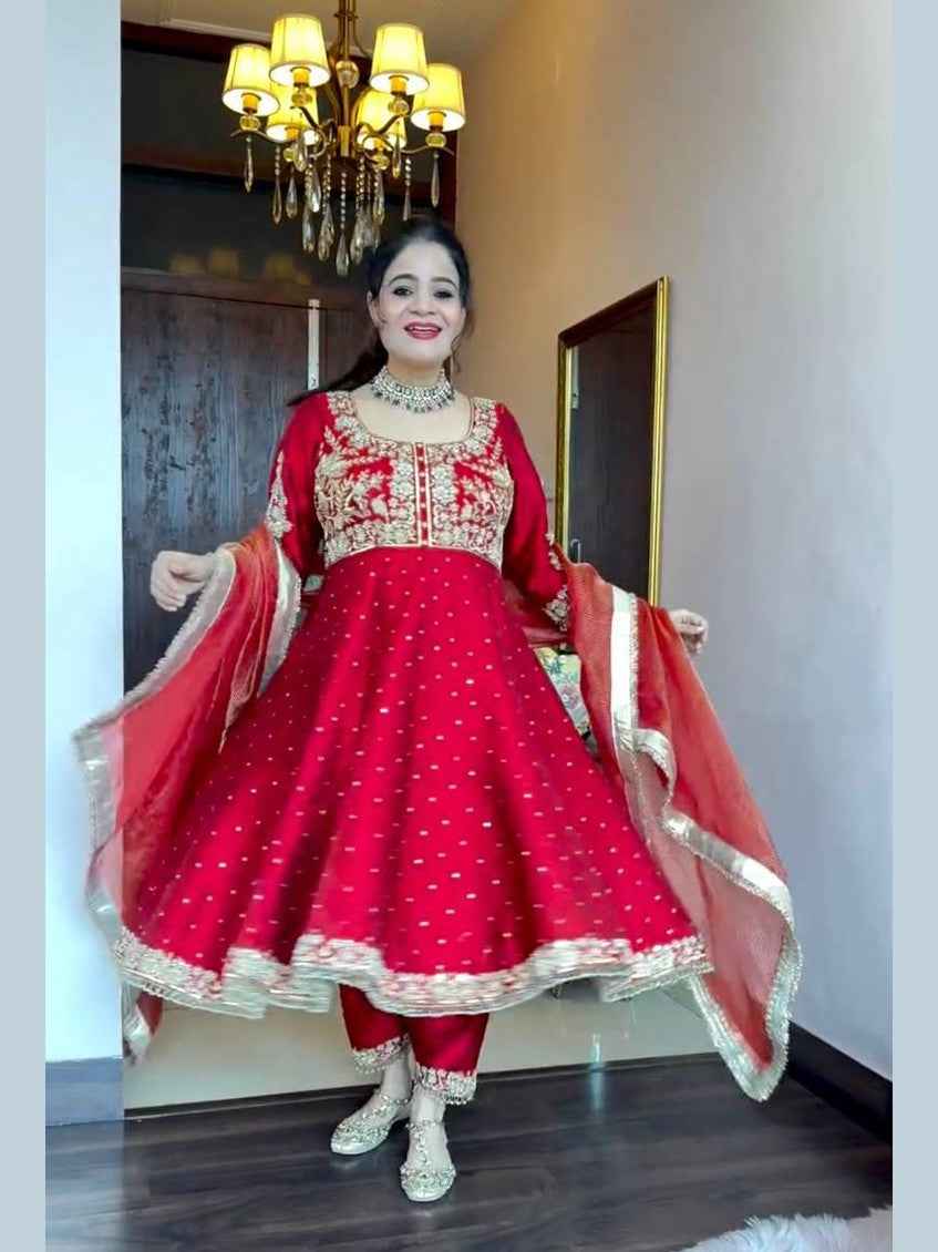 Chinon Silk Anarkali Gown,Dupatta & Pant Plazzo Set