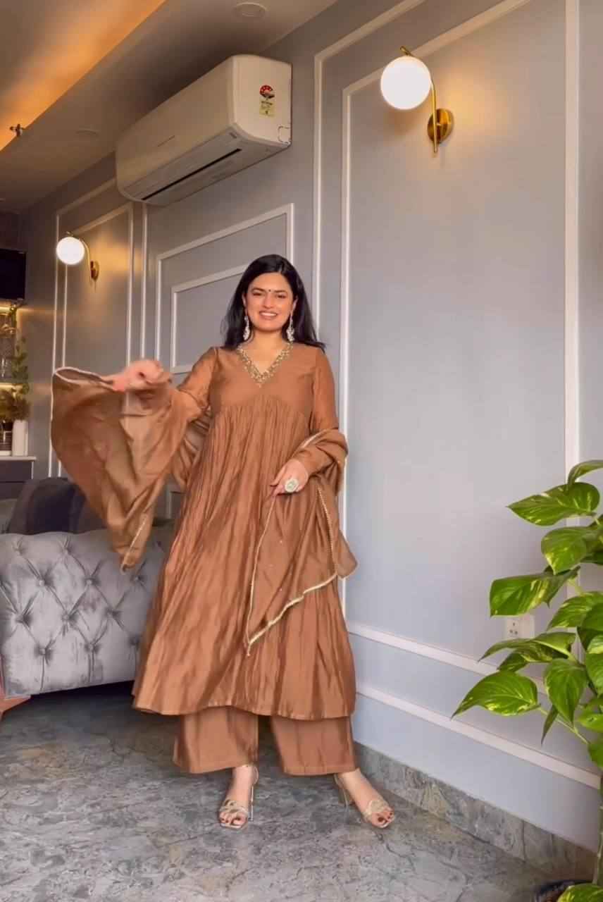 Chinon Silk Alia cut Anarkali Gown Dupatta & Bottom Set