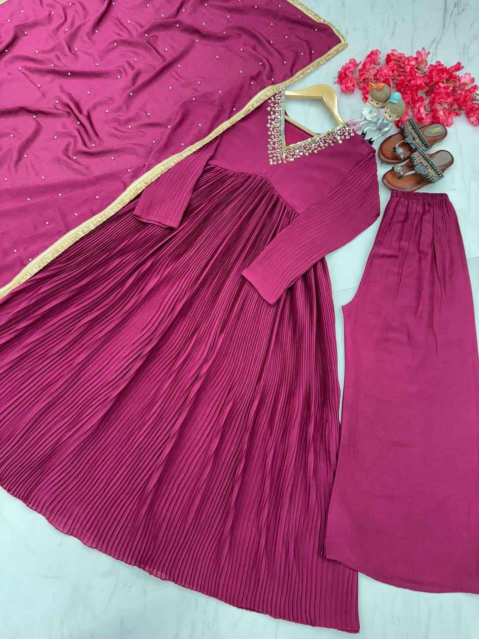 Chinon Silk Alia cut Anarkali Gown Dupatta & Bottom Set