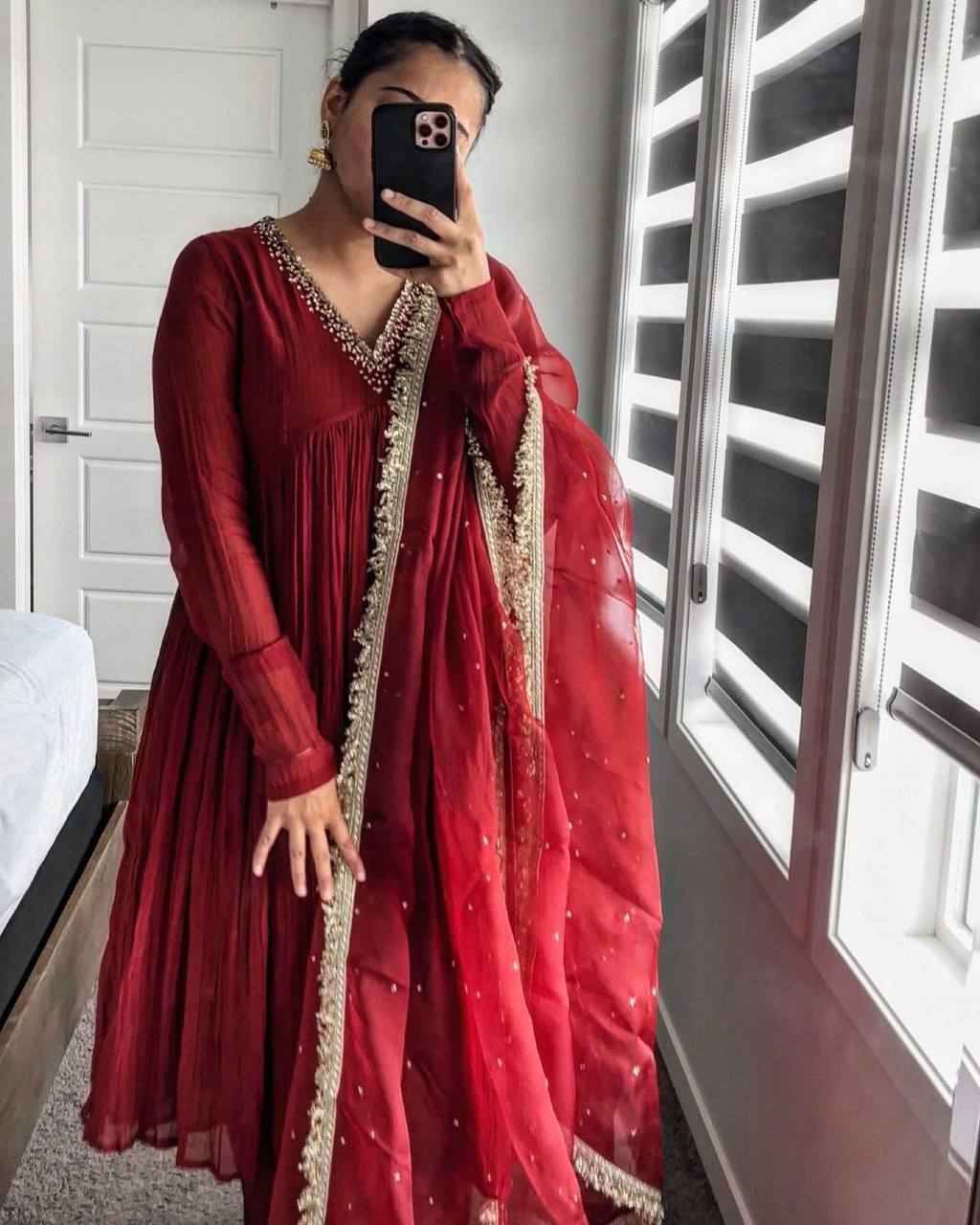 Chinon Silk Alia cut Anarkali Gown Dupatta & Bottom Set