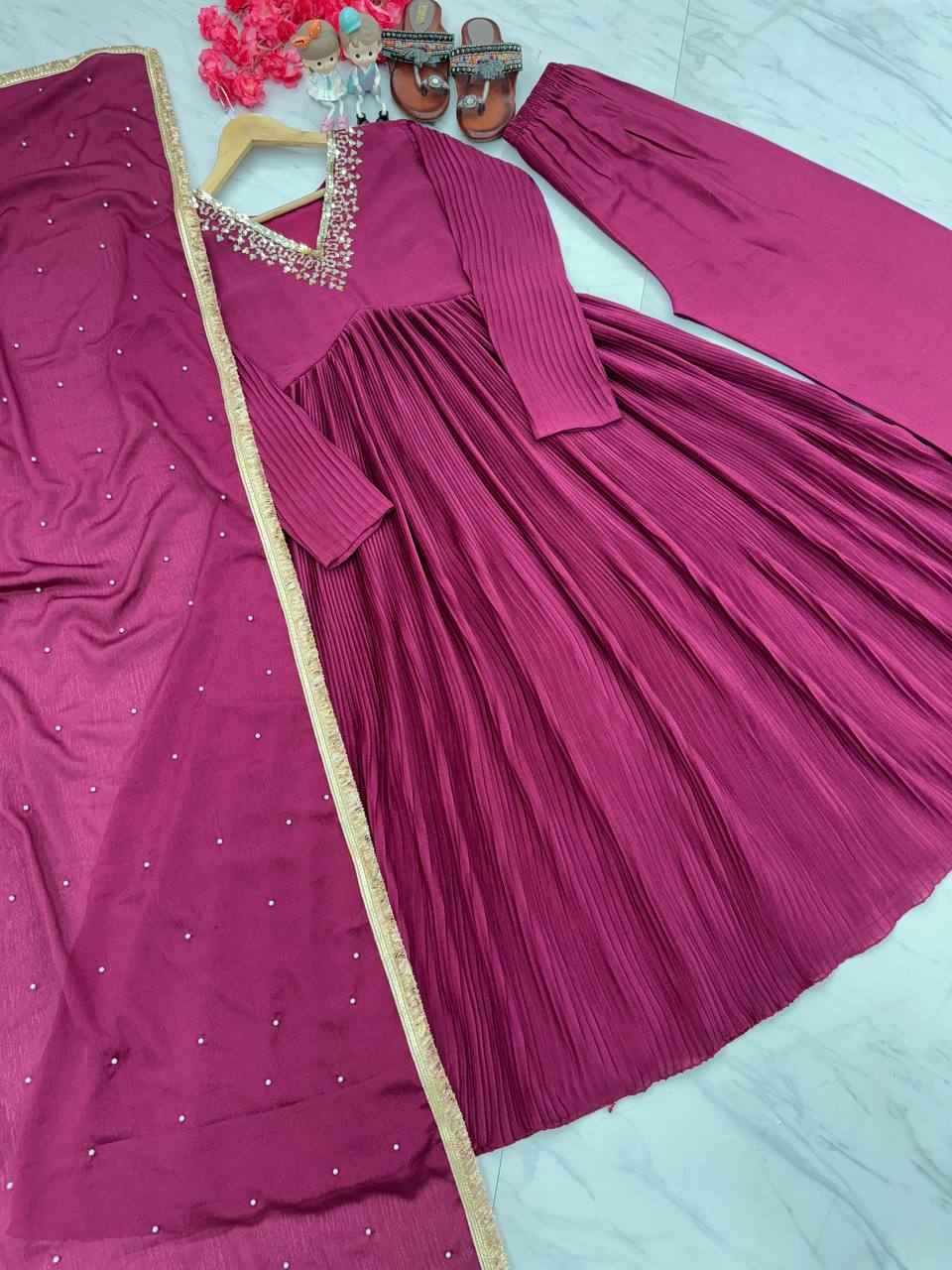 Chinon Silk Alia cut Anarkali Gown Dupatta & Bottom Set