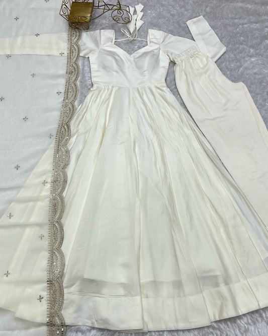 HEAVY PURE ROMANSILK CHANDERI FABRIC GOWN