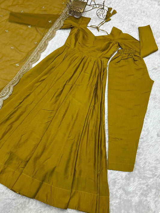 HEAVY PURE ROMANSILK CHANDERI FABRIC GOWN