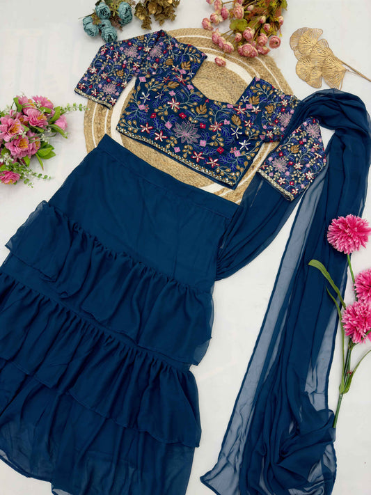 Georgette Ruffle Ready To Wear Saree With Readymade Blouse Design