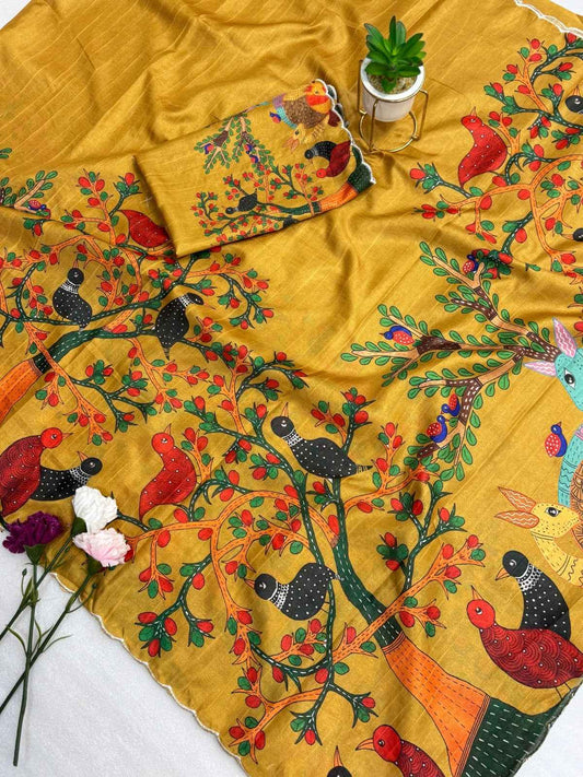 Handloom Tussar silk arco  border on both side with kalamkari digital print Saree