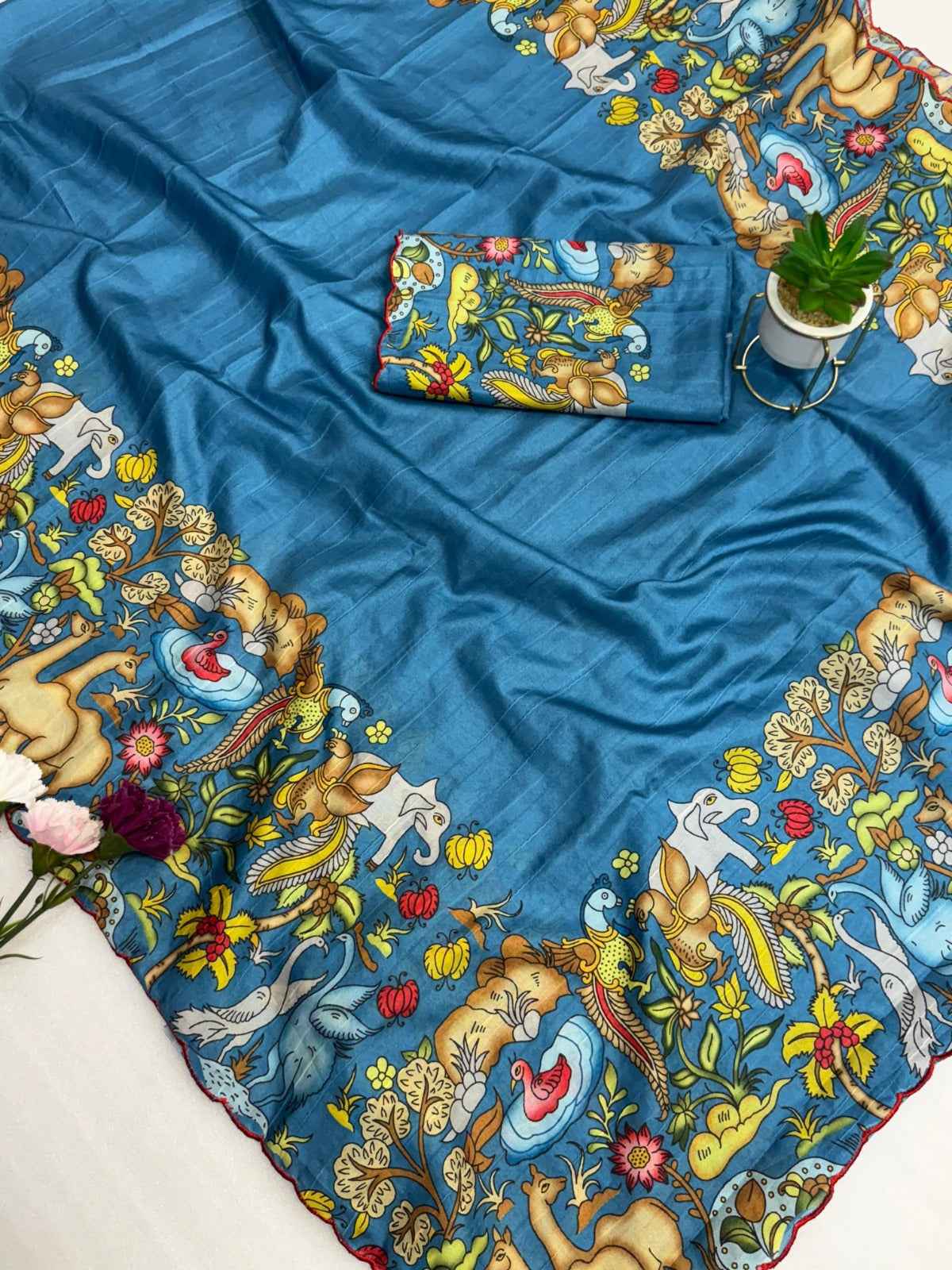 Handloom Tussar silk arco  border on both side with kalamkari digital print Saree