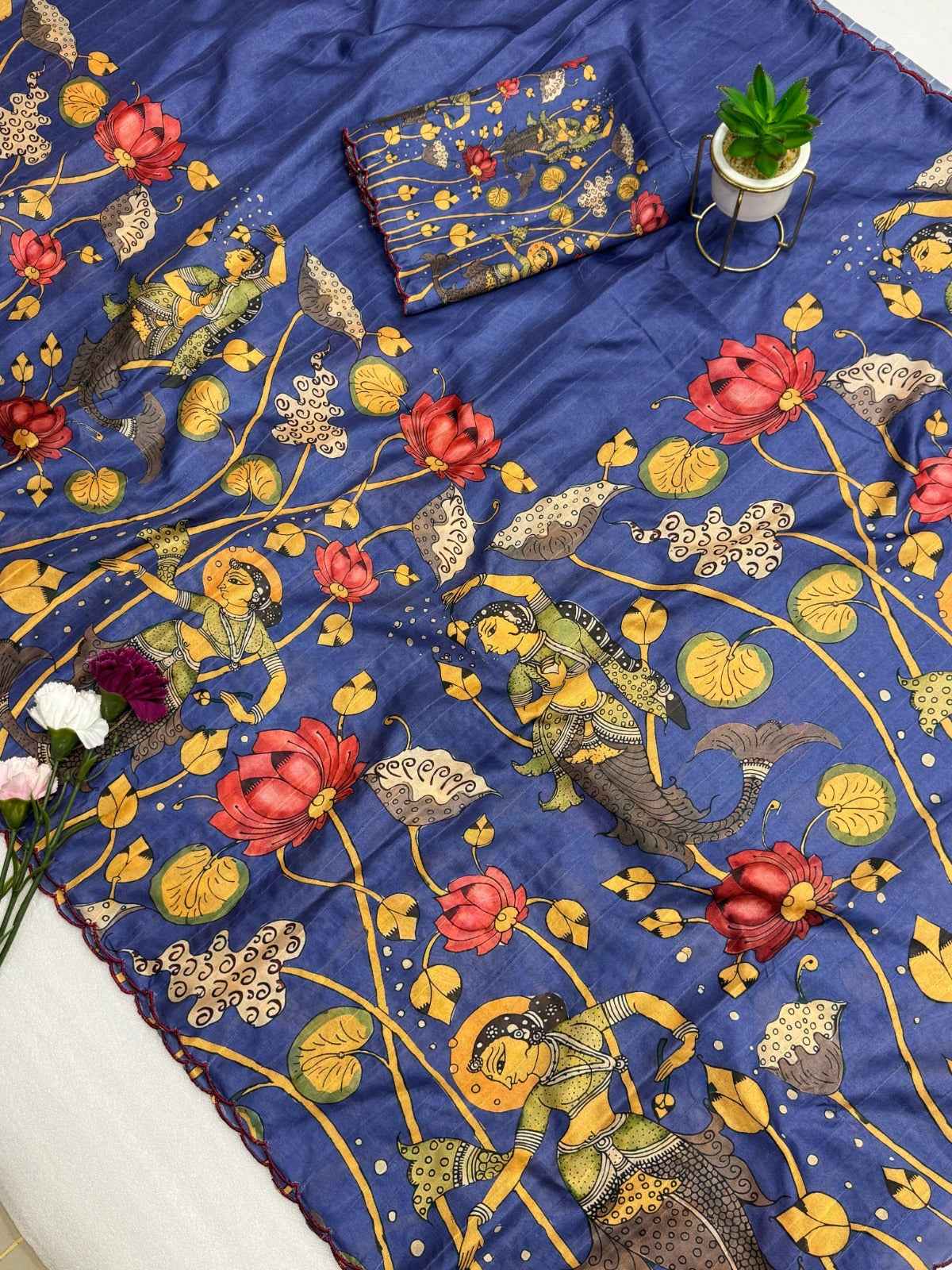 Handloom Tussar silk arco  border on both side with kalamkari digital print Saree