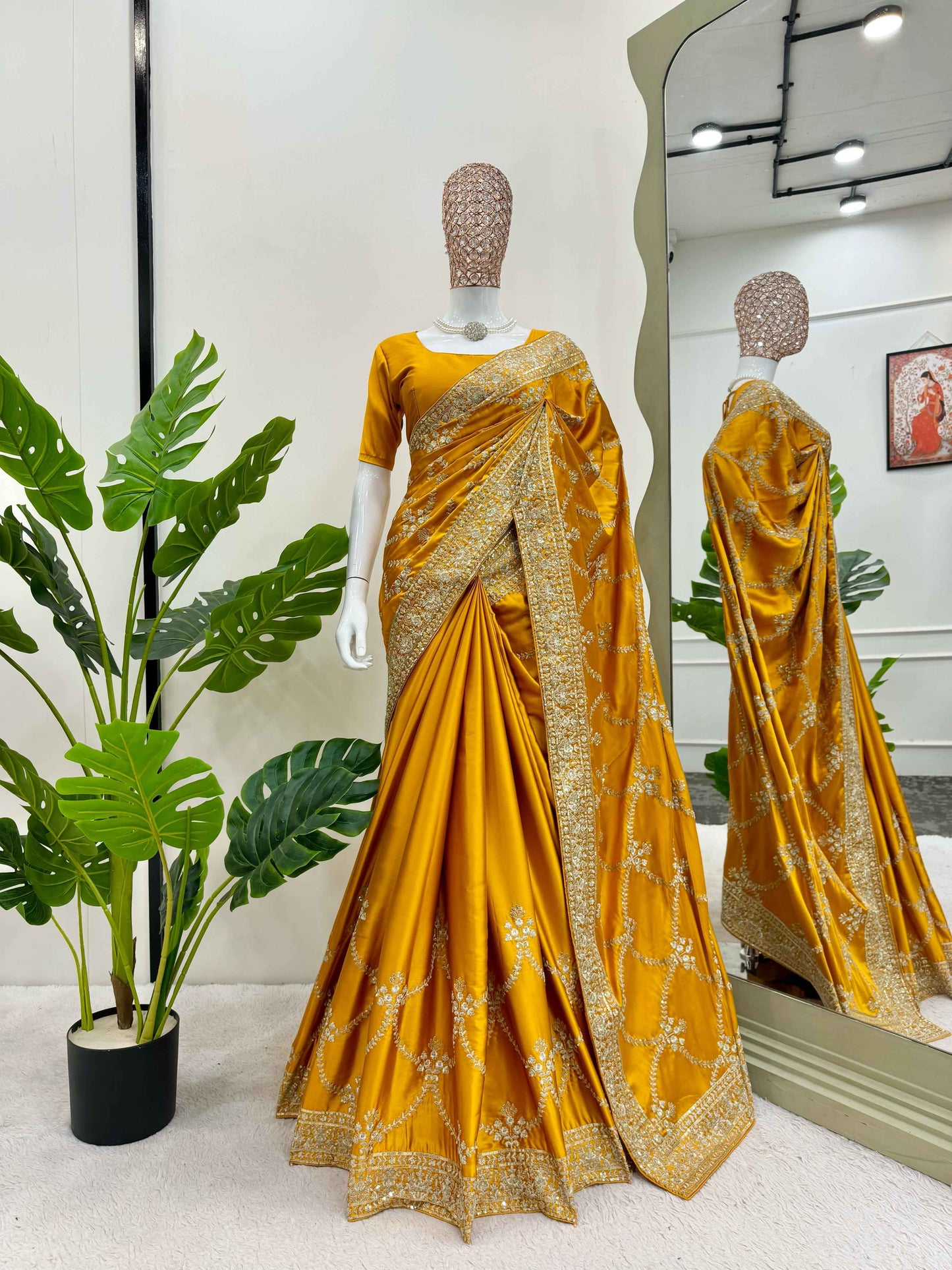 Designer Saree on Japan Satin Silk Fabric with Thread & Sequence work and blouse on also Japan Satin Silk Fabric.