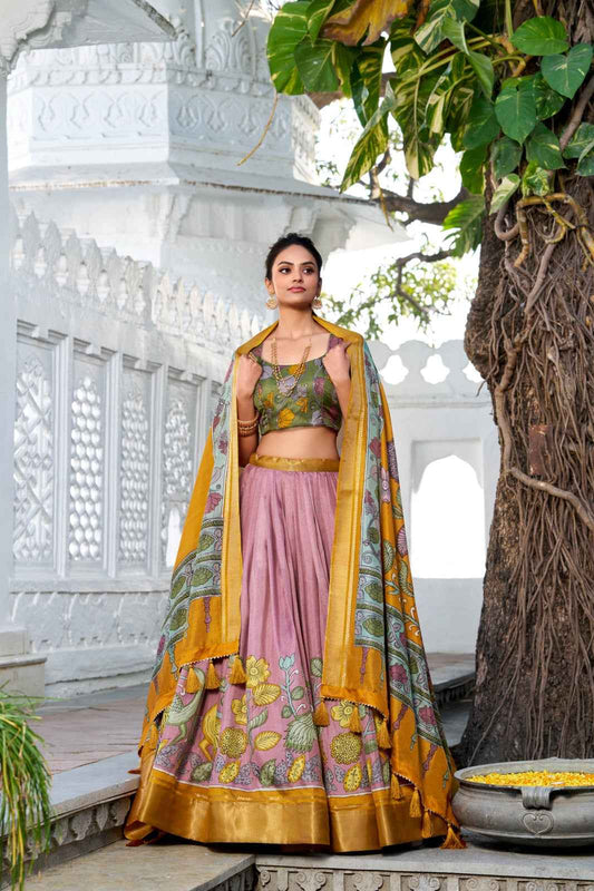 LEHANGA DOLA SILK WITH PRINTED KALAMKARI AND WITH ZARI WEAVING BORDER