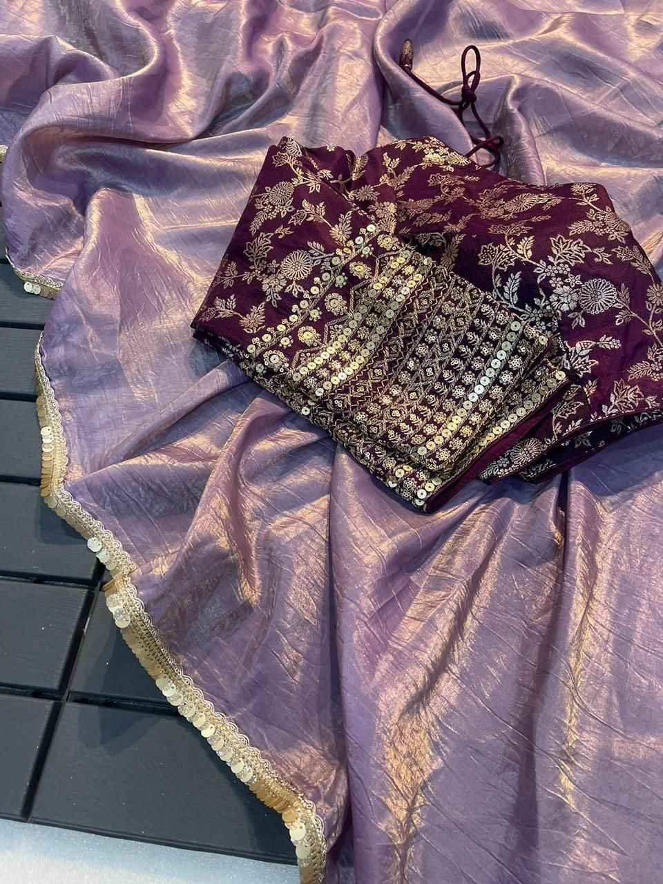Saree on Heavy pure tissue crush silk Fabric With Fancy Lace