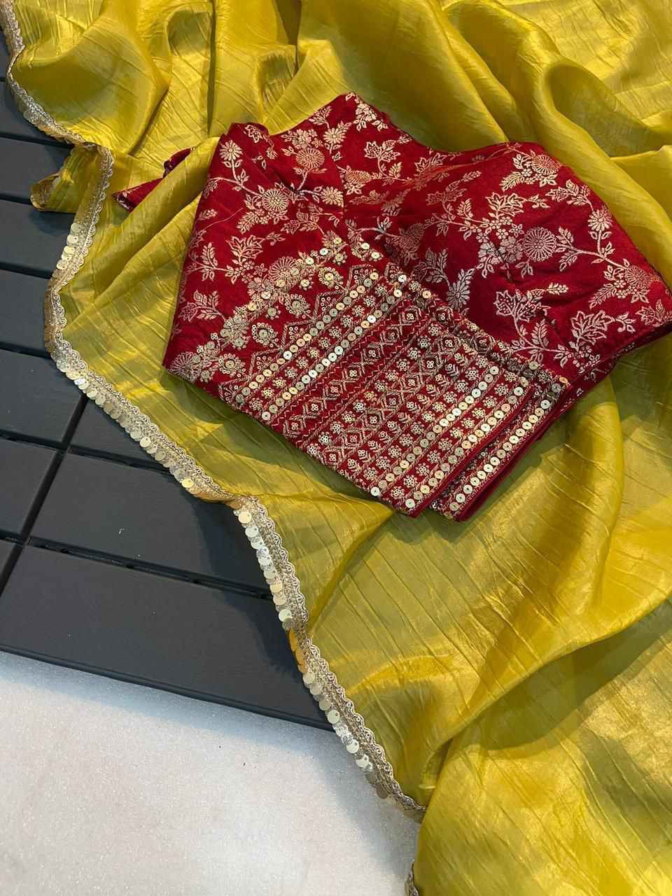 Saree on Heavy pure tissue crush silk Fabric With Fancy Lace