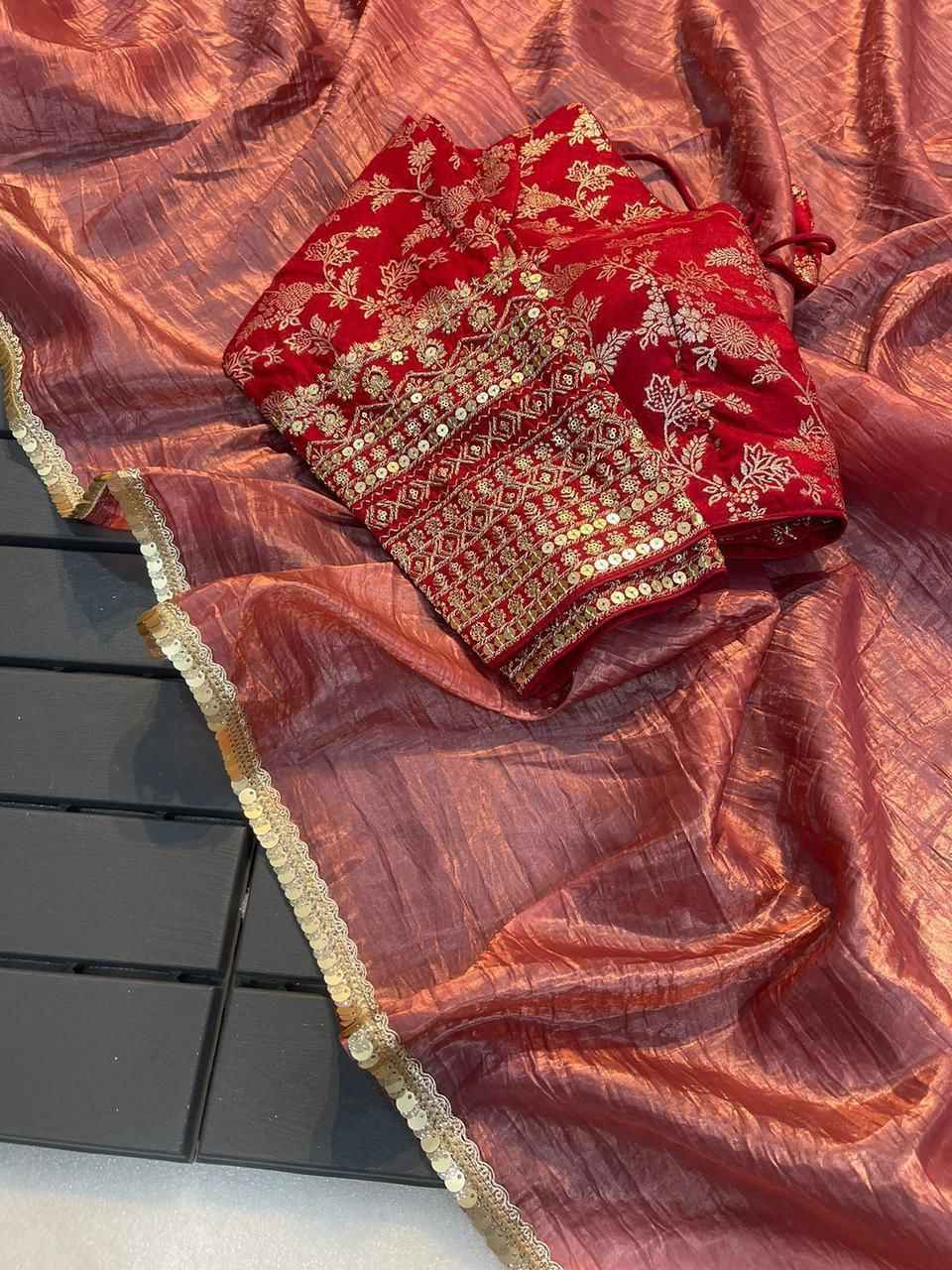 Saree on Heavy pure tissue crush silk Fabric With Fancy Lace