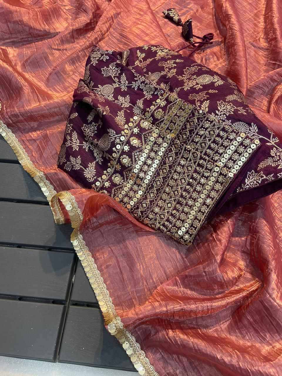 Saree on Heavy pure tissue crush silk Fabric With Fancy Lace