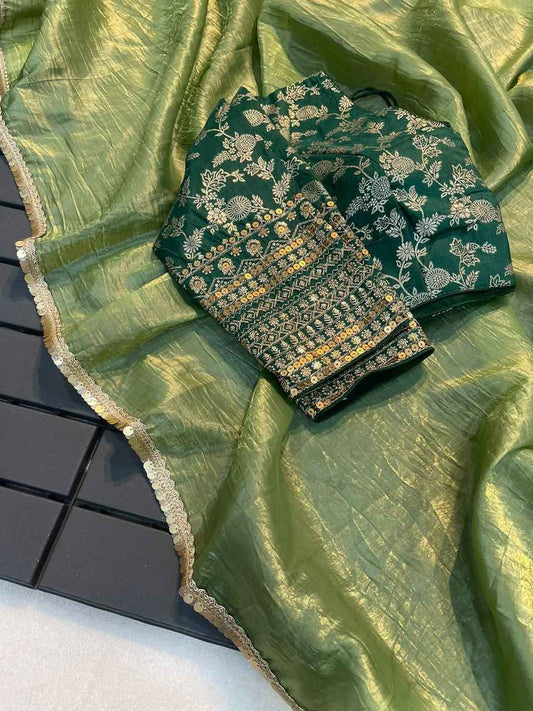 Saree on Heavy pure tissue crush silk Fabric With Fancy Lace