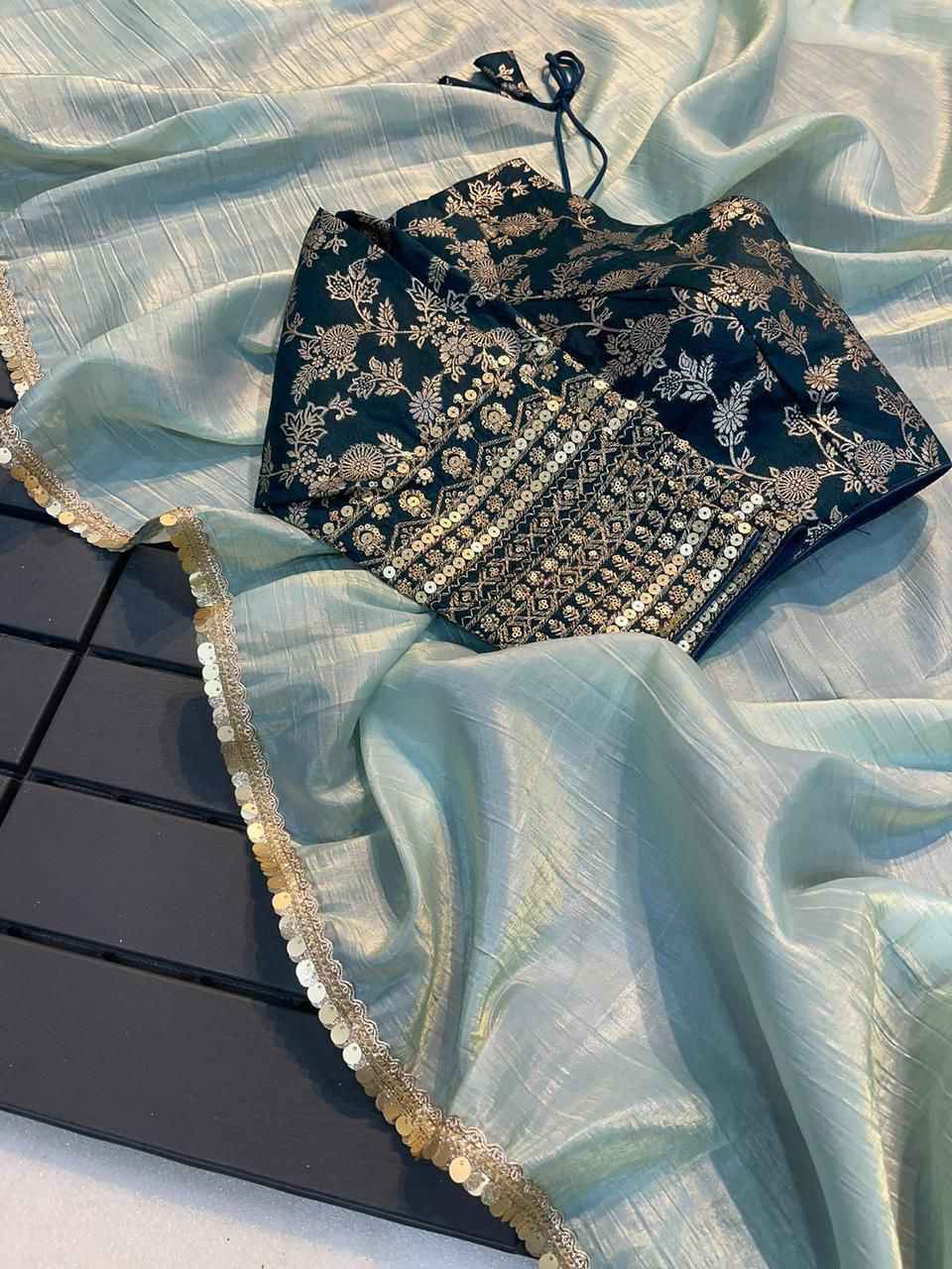 Saree on Heavy pure tissue crush silk Fabric With Fancy Lace