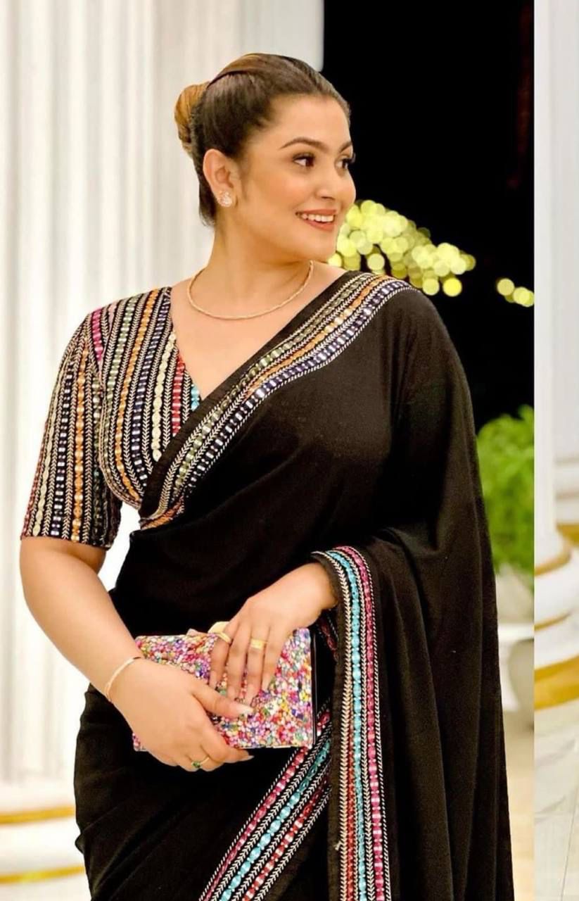 Georgette saree with beautiful lace border and  sequence work designer multicolour embroidery work blouse