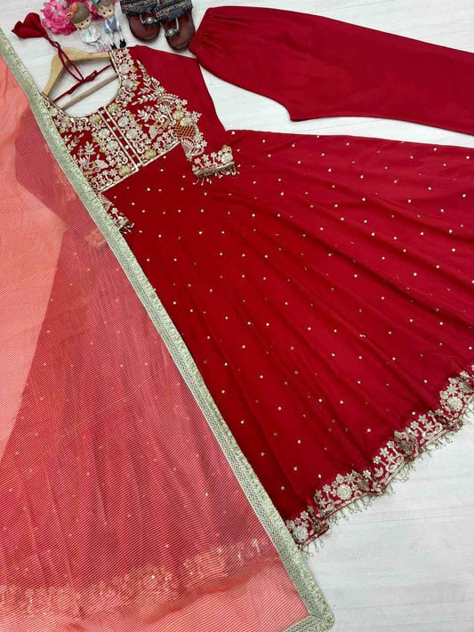 Chinon Silk Anarkali Gown,Dupatta & Pant Plazzo Set