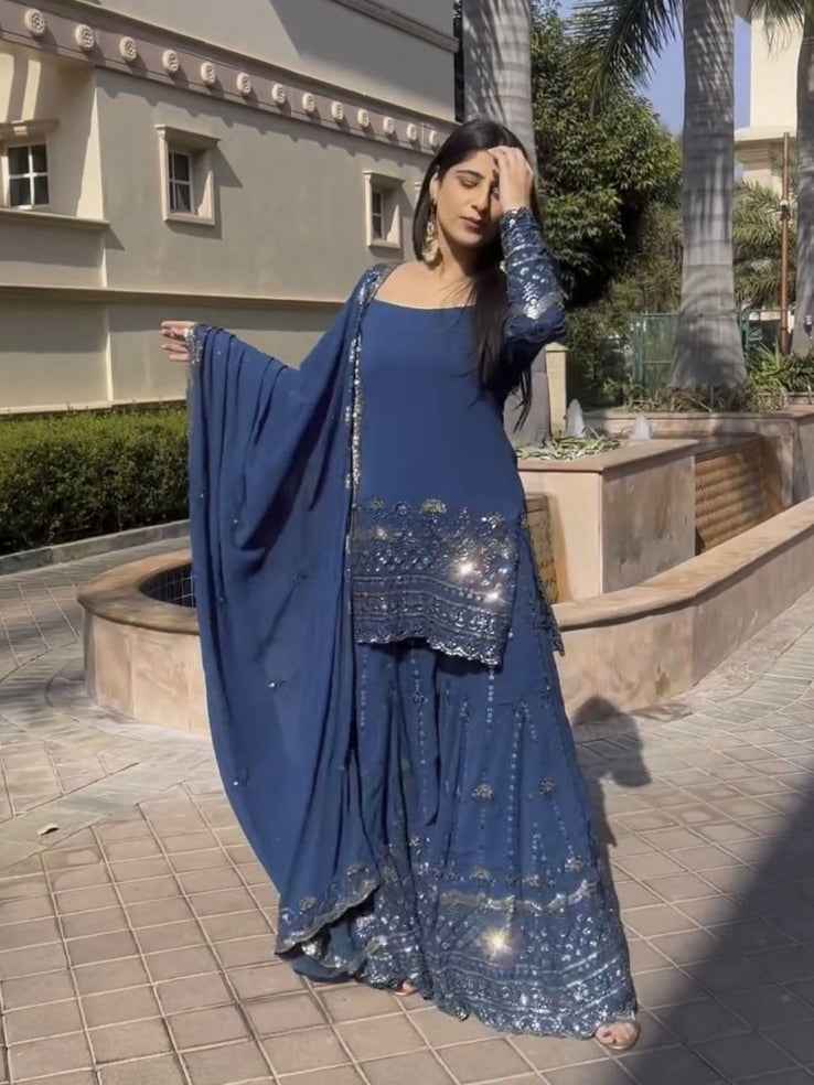 Sequins Work Top  Sharara With Dupatta
