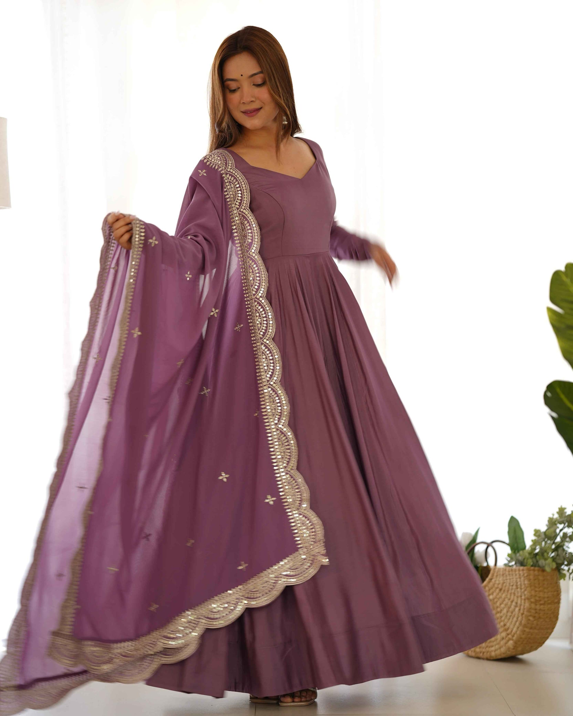 HEAVY PURE ROMANSILK CHANDERI FABRIC GOWN