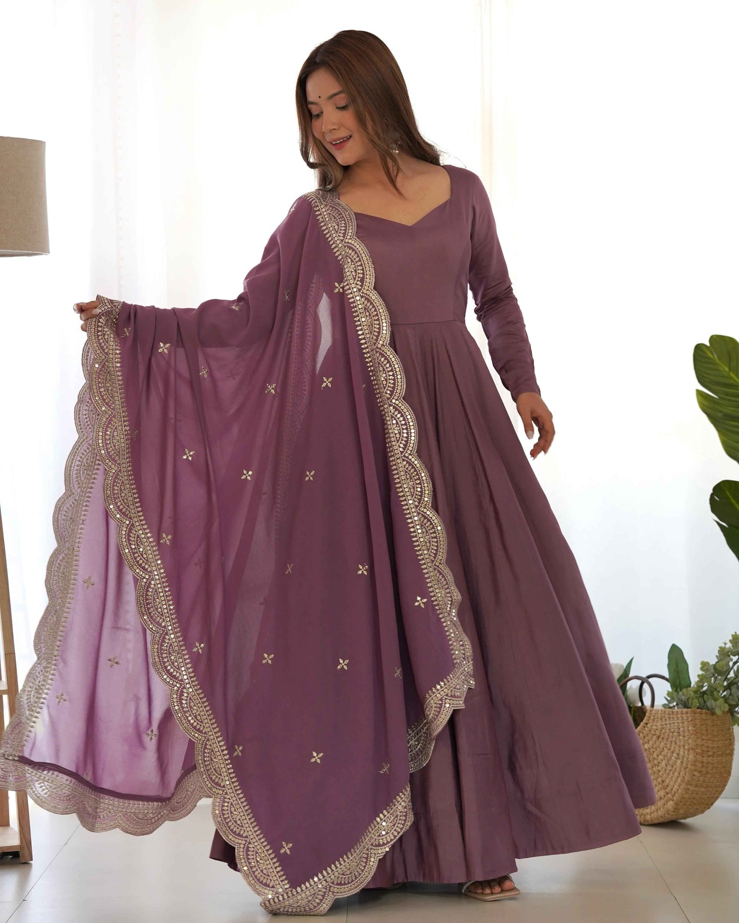 HEAVY PURE ROMANSILK CHANDERI FABRIC GOWN