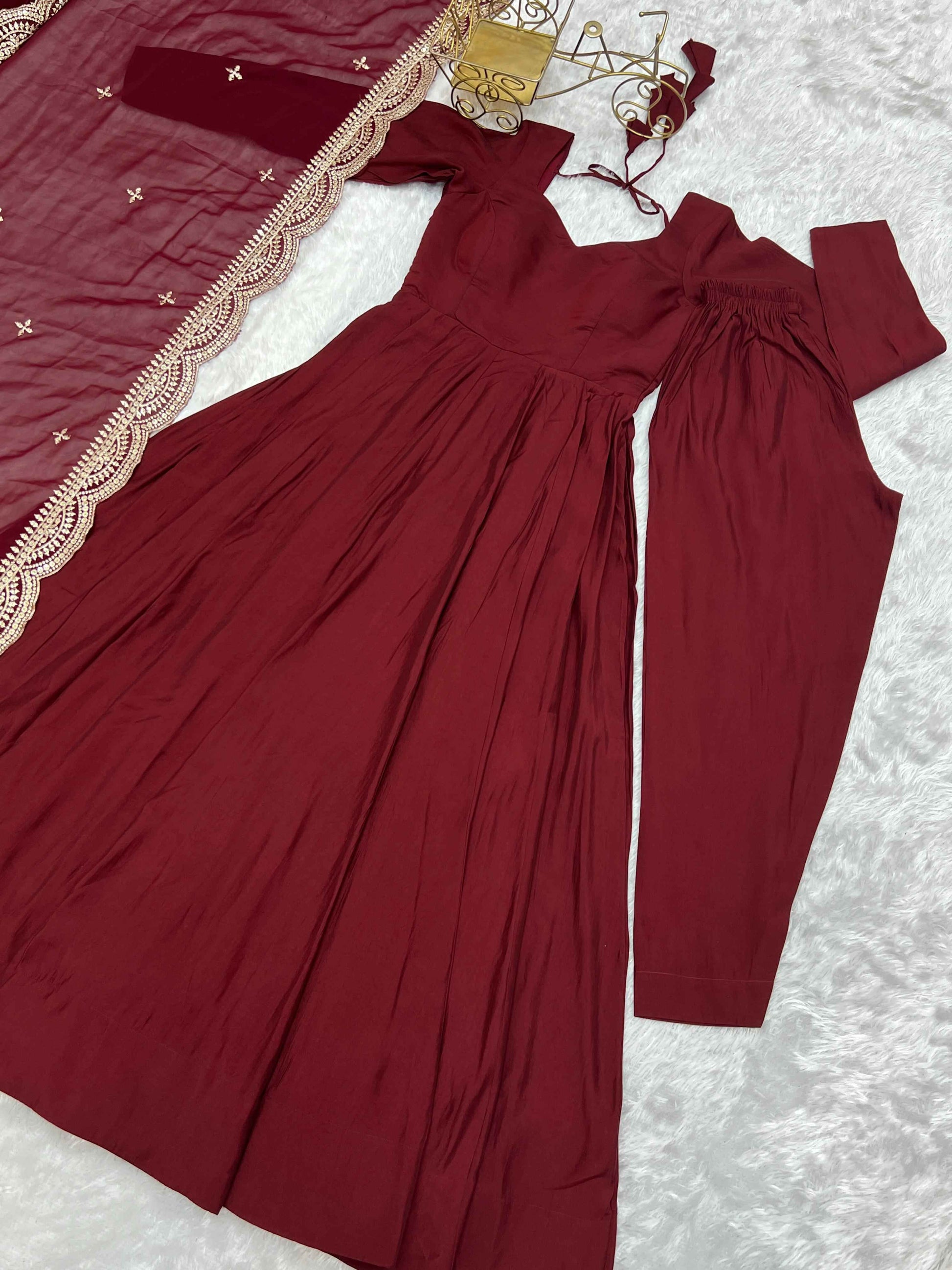 HEAVY PURE ROMANSILK CHANDERI FABRIC GOWN