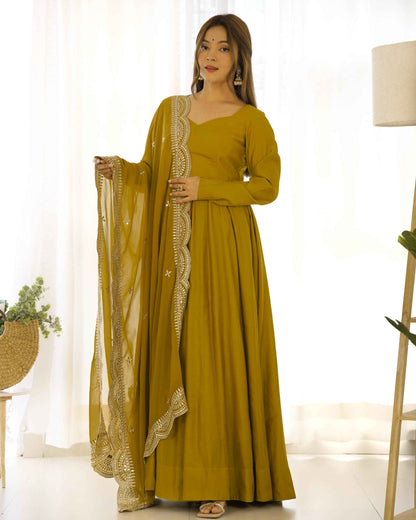 HEAVY PURE ROMANSILK CHANDERI FABRIC GOWN
