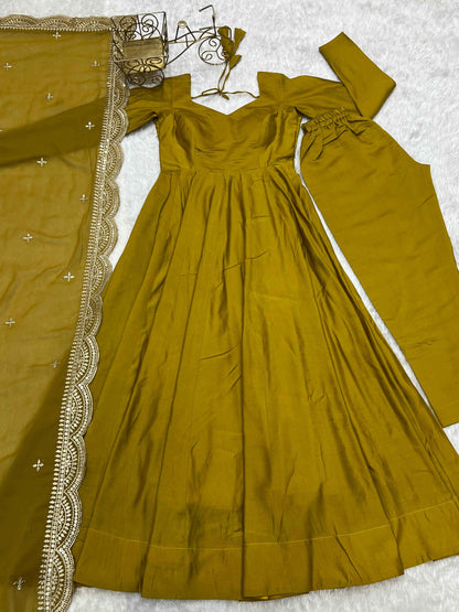 HEAVY PURE ROMANSILK CHANDERI FABRIC GOWN