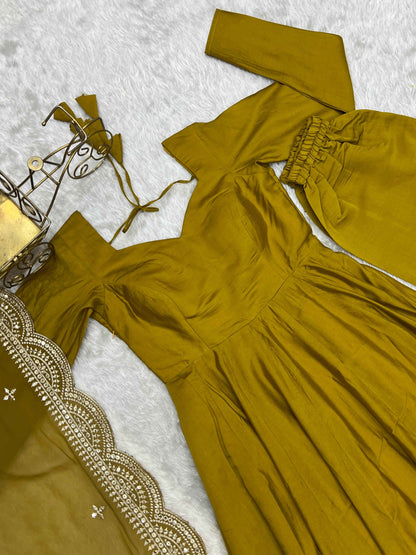 HEAVY PURE ROMANSILK CHANDERI FABRIC GOWN