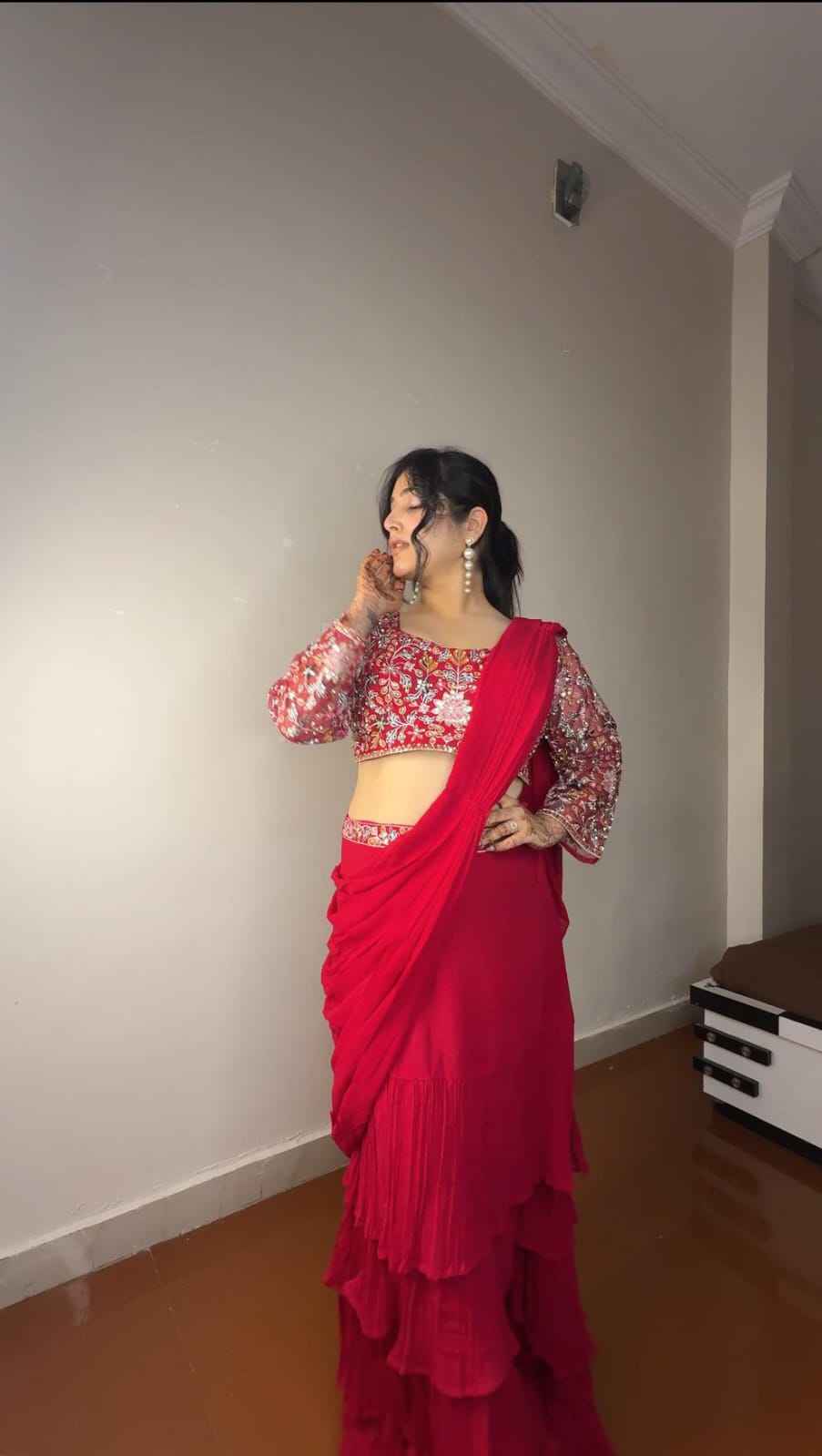 Georgette Ruffle Ready To Wear Saree With Readymade Blouse Design