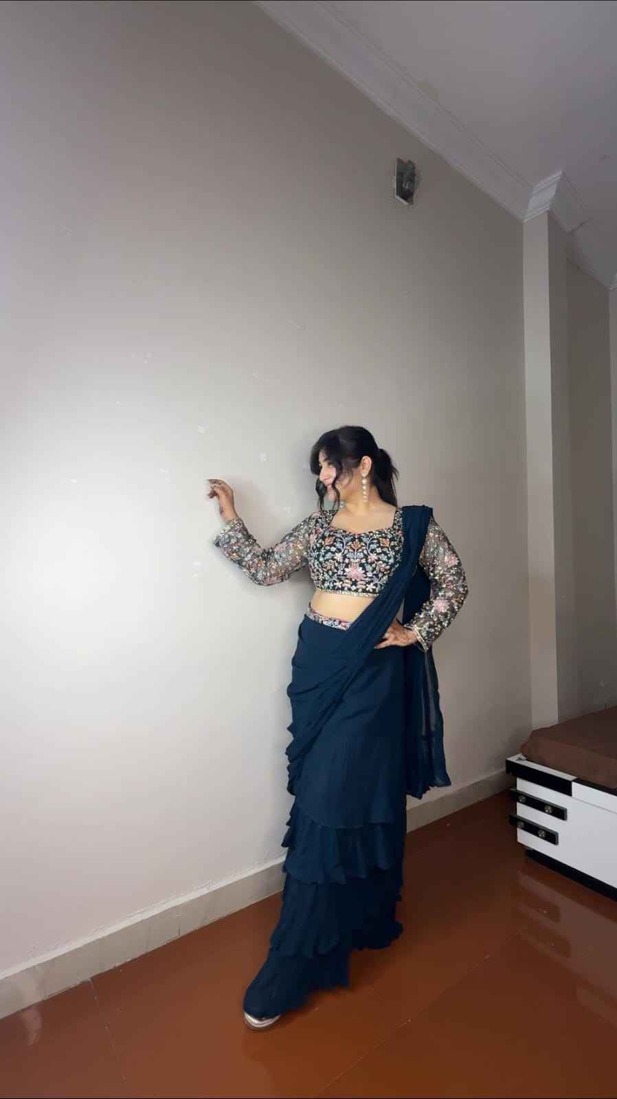 Georgette Ruffle Ready To Wear Saree With Readymade Blouse Design
