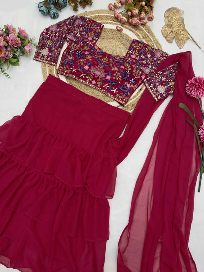 Georgette Ruffle Ready To Wear Saree With Readymade Blouse Design