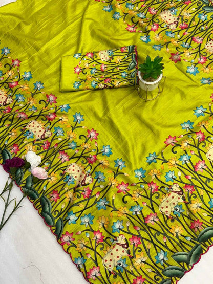 Handloom Tussar silk arco  border on both side with kalamkari digital print Saree