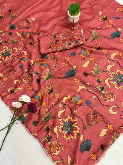 Handloom Tussar silk arco  border on both side with kalamkari digital print Saree