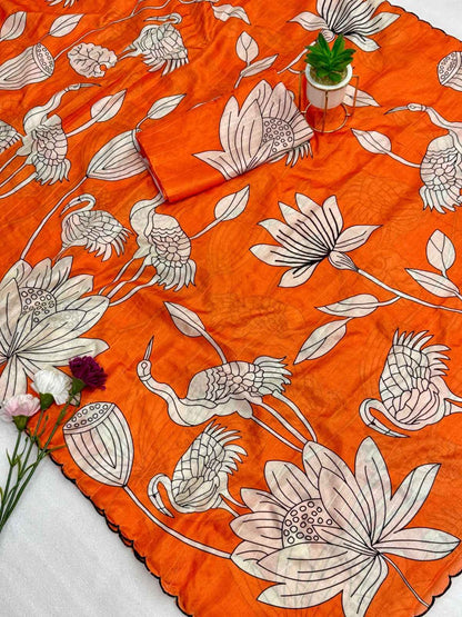 Handloom Tussar silk arco  border on both side with kalamkari digital print Saree