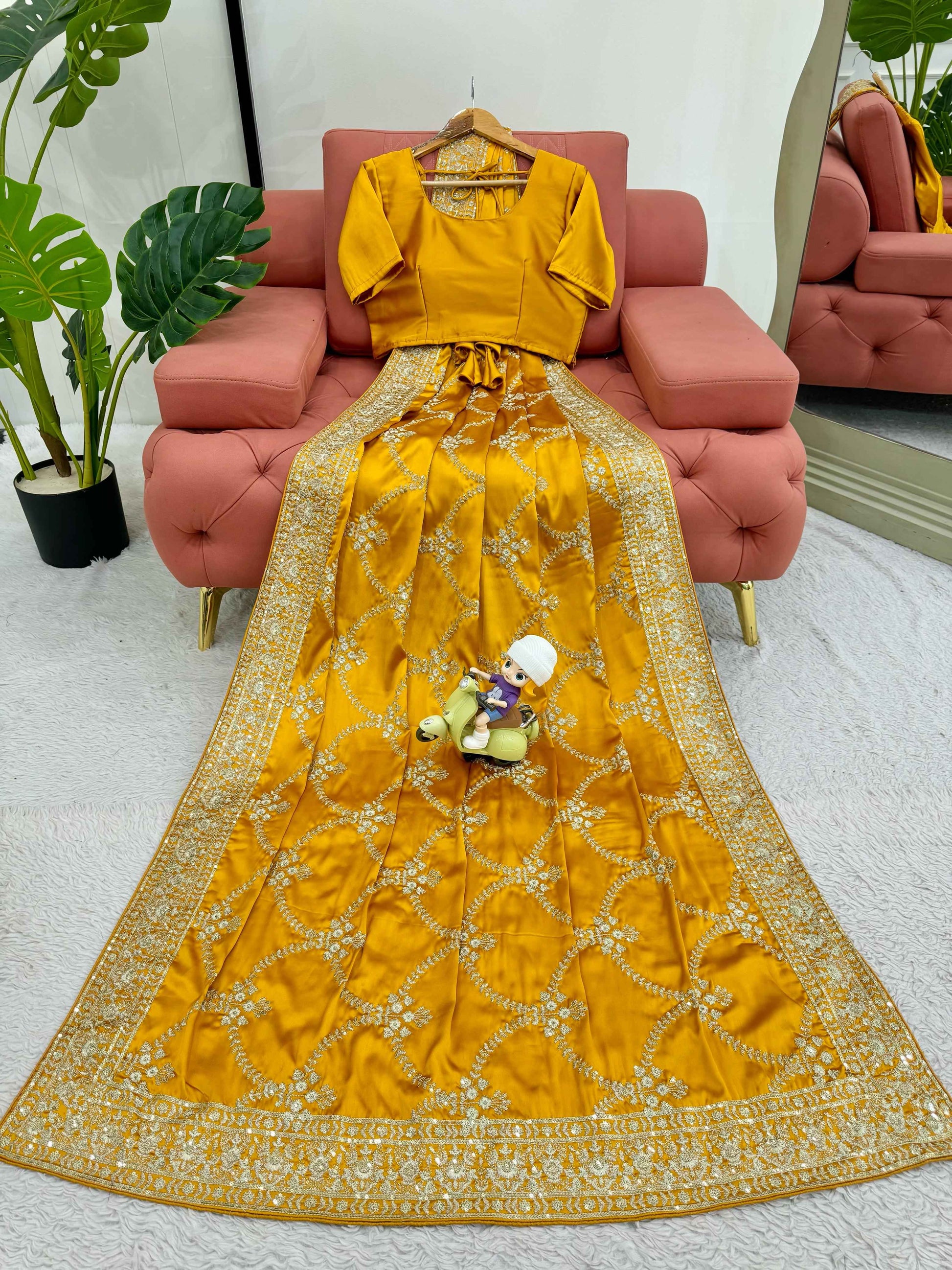 Designer Saree on Japan Satin Silk Fabric with Thread & Sequence work and blouse on also Japan Satin Silk Fabric.