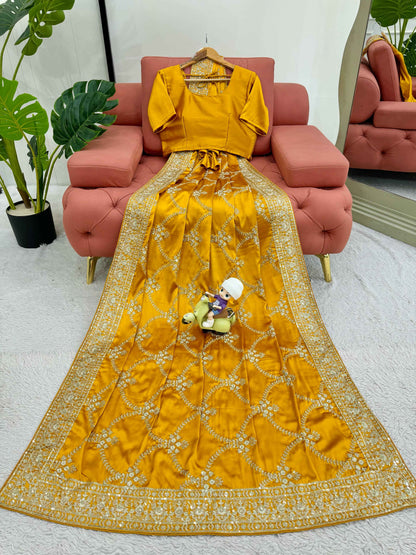 Designer Saree on Japan Satin Silk Fabric with Thread & Sequence work and blouse on also Japan Satin Silk Fabric.