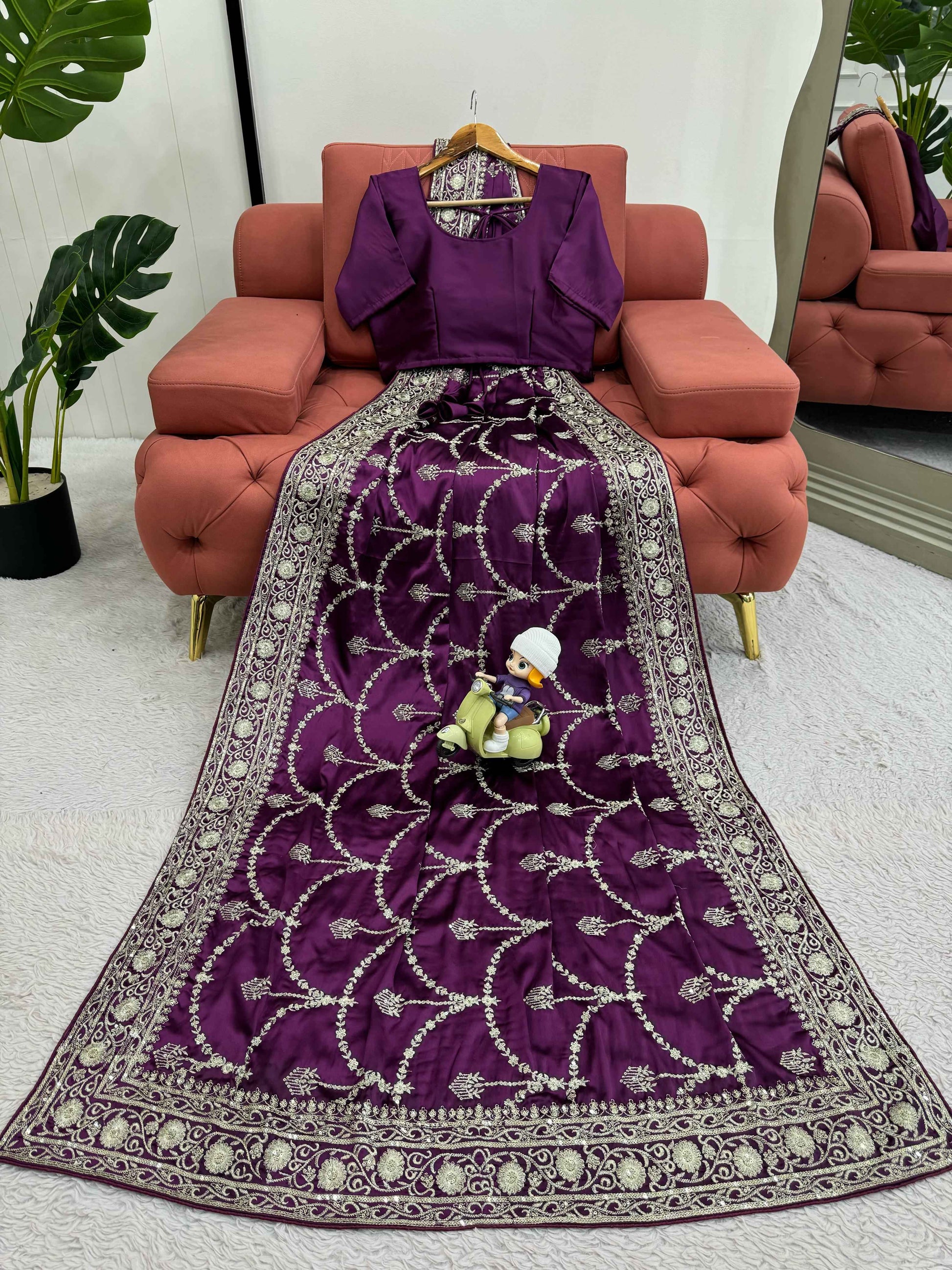 Designer Saree on Japan Satin Silk Fabric with Thread & Sequence work and blouse on also Japan Satin Silk Fabric.