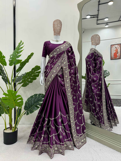 Designer Saree on Japan Satin Silk Fabric with Thread & Sequence work and blouse on also Japan Satin Silk Fabric.
