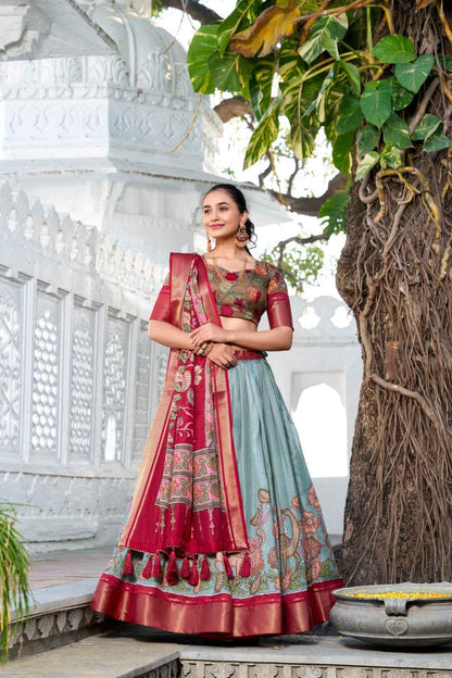 LEHANGA DOLA SILK WITH PRINTED KALAMKARI AND WITH ZARI WEAVING BORDER