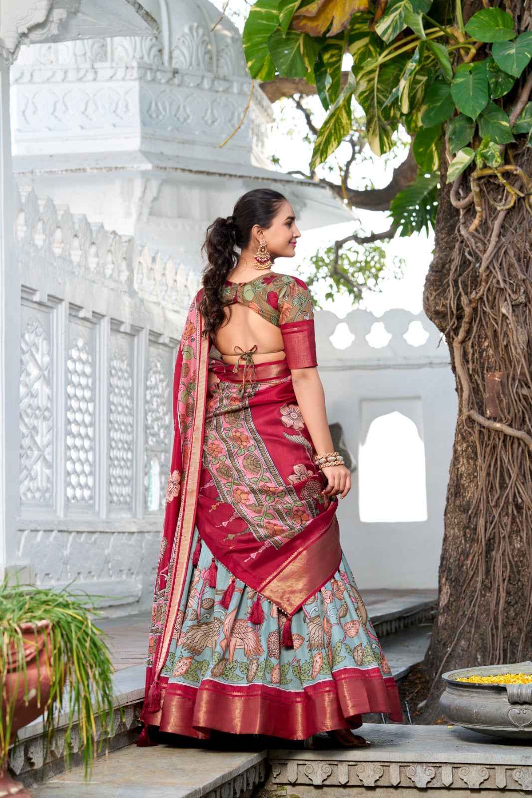LEHANGA DOLA SILK WITH PRINTED KALAMKARI AND WITH ZARI WEAVING BORDER