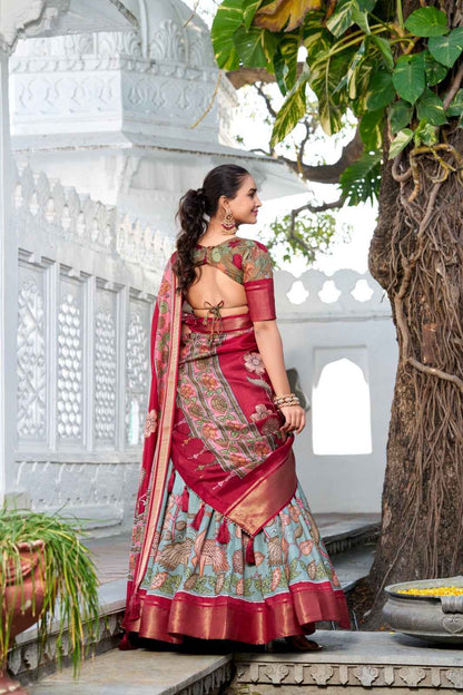 LEHANGA DOLA SILK WITH PRINTED KALAMKARI AND WITH ZARI WEAVING BORDER