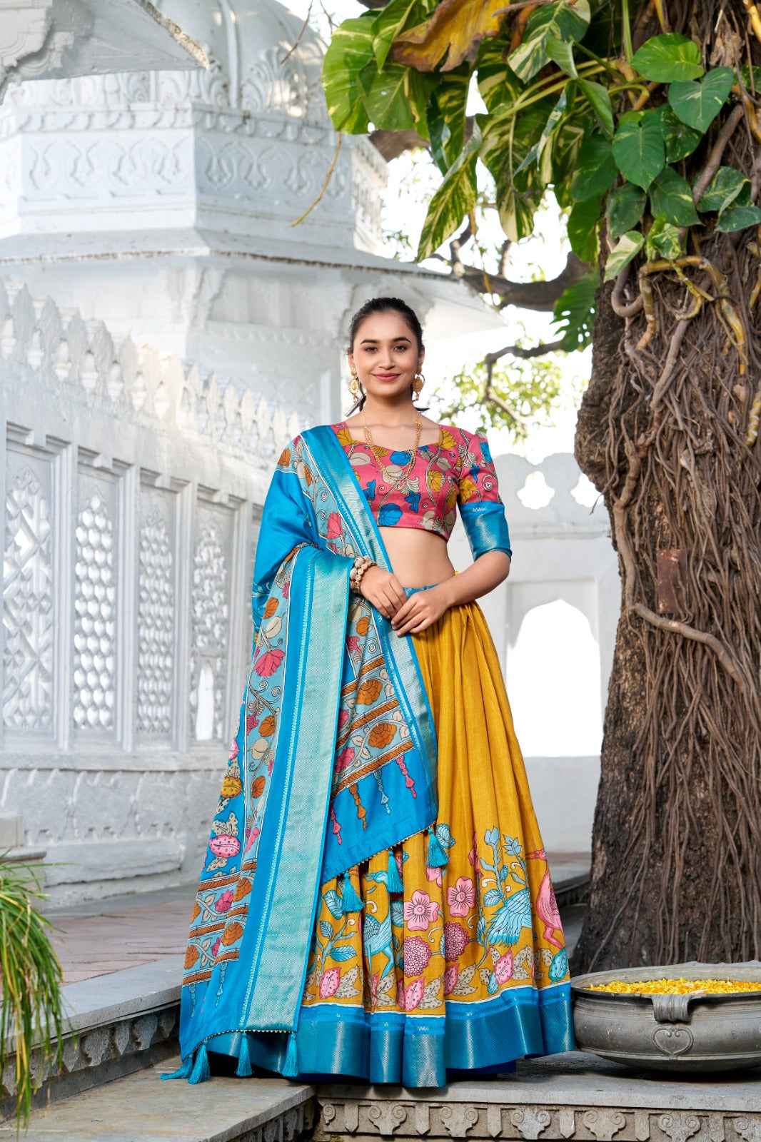 LEHANGA DOLA SILK WITH PRINTED KALAMKARI AND WITH ZARI WEAVING BORDER