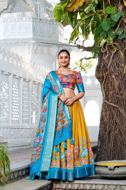 LEHANGA DOLA SILK WITH PRINTED KALAMKARI AND WITH ZARI WEAVING BORDER