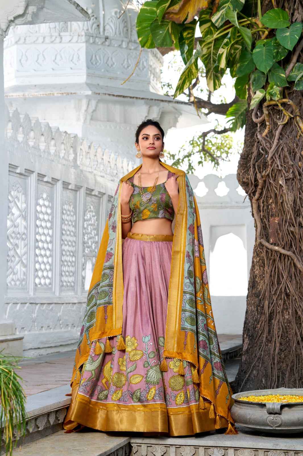 LEHANGA DOLA SILK WITH PRINTED KALAMKARI AND WITH ZARI WEAVING BORDER