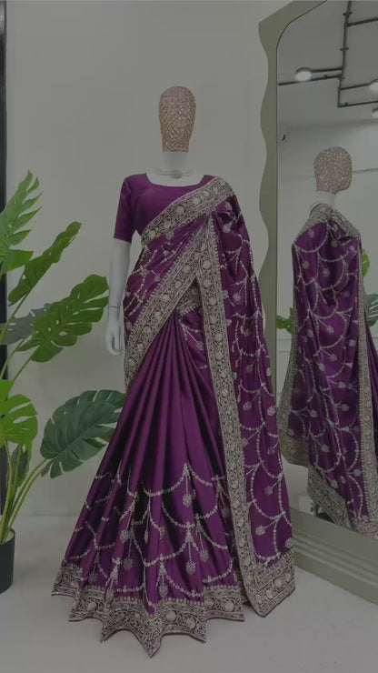 Designer Saree on Japan Satin Silk Fabric with Thread & Sequence work and blouse on also Japan Satin Silk Fabric.