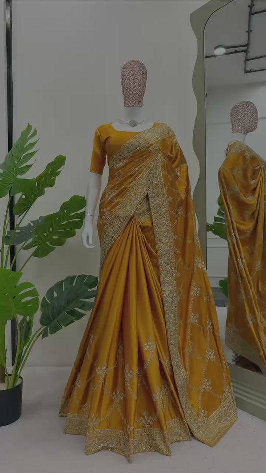 Designer Saree on Japan Satin Silk Fabric with Thread & Sequence work and blouse on also Japan Satin Silk Fabric.