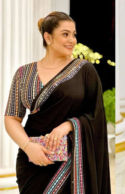 Georgette saree with beautiful lace border and  sequence work designer multicolour embroidery work blouse