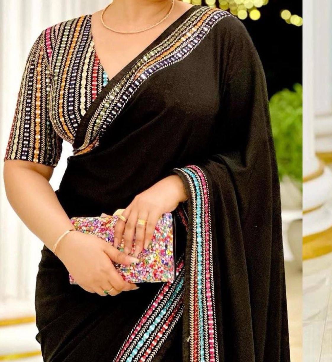 Georgette saree with beautiful lace border and  sequence work designer multicolour embroidery work blouse