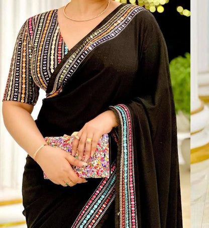 Georgette saree with beautiful lace border and  sequence work designer multicolour embroidery work blouse