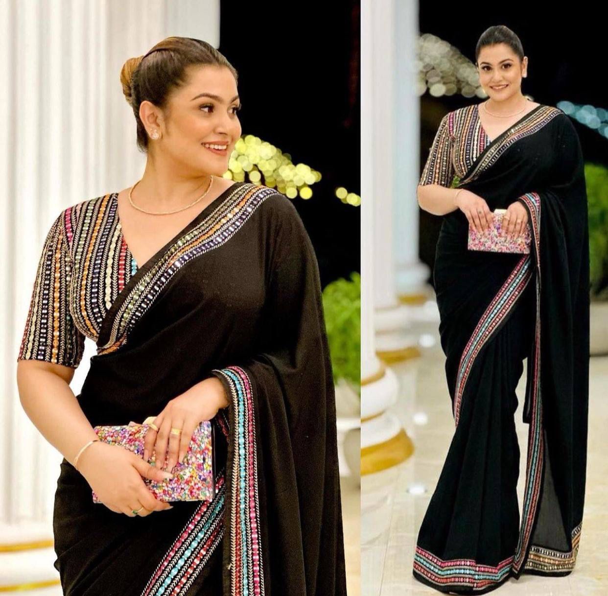 Georgette saree with beautiful lace border and  sequence work designer multicolour embroidery work blouse